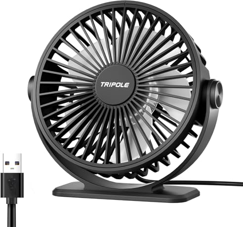 TriPole Desk Fan, Portable USB Fan 3 Speeds Adjustable Powerful Mini Fans, Ultra Quiet 360° Rotatable Table Cooling, Electric Small Fans for Bedroom, Office, Library Desktop, Travel