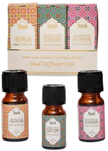 Floral Oud Diffuser Oil Set, Essential Oils by Dukhni | 3 x 10ml Arabic Oil Gift Set for Diffuser & humidifier | 100% Pure Halal Oudh Oils | Relax with Home Aromatherapy, for Relaxation and Massage