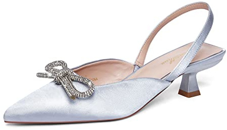 GENSHUO Slingback pumps med strass och rosett för kvinnor, slutet spetsigt tåområde, bröllops- och brudskor, 36–42 EU, silver, 37 EU
