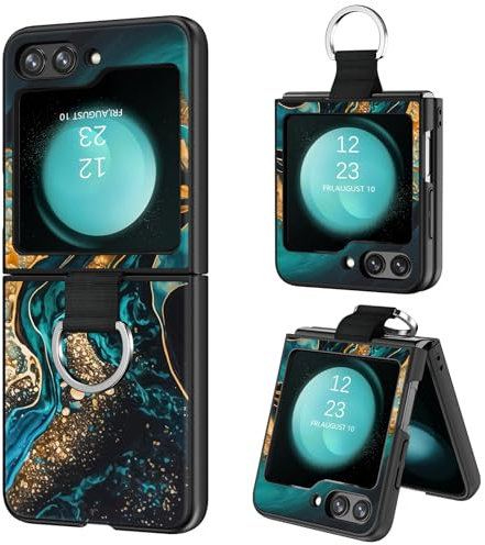 BENTOBEN Coque pour Samsung Galaxy Z Flip5 5G, Etui Samsung Z Flip5 avec Anneau Housse de Protection Lumineux Ultra Slim Silicone Souple Anti-Chute Coque pour Samsung Z Flip5-Marbre Vert