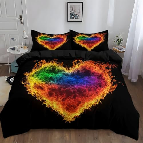 Generico Set Copripiumino per Bambini 260x240 cm Cuori Di Fiamma Colorati Copripiumino Cotone Poliestere Chiusura con Cerniera, Set Biancheria da Letto Stampa, per Bambini Adulti