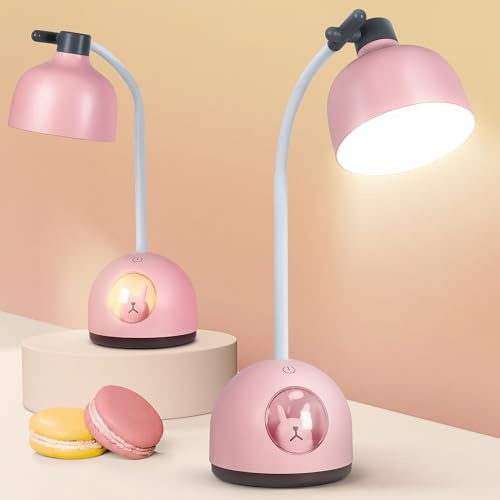 FemKey Schreibtischlampe Kinder, Dimmbar Touch LED Desk Lamp, Leselampe Wiederaufladbare USB Energiespar Augenschutz, Flexibles Arm Nachttischlampe, Tischlampe Kinder Rosa Hase