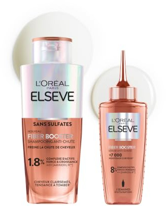L’OREAL PARIS – Elseve Fiber Booster – Duo Anti-Chute Cheveux - Stimule la Pousse* – Augmente la Densité Capillaire – Hommes & Femmes - Shampooing Sans Sulfates + Sérum Croissance