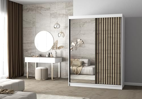 Easy4You Lami I Weiss/Artisan Schiebetürenschrank Kleiderschrank 150x200x61 cm mit Spiegel - Schlafzimmermöbel, Aufbewahrung – Mehrzweckschrank mit Kleiderstange und Lamellen