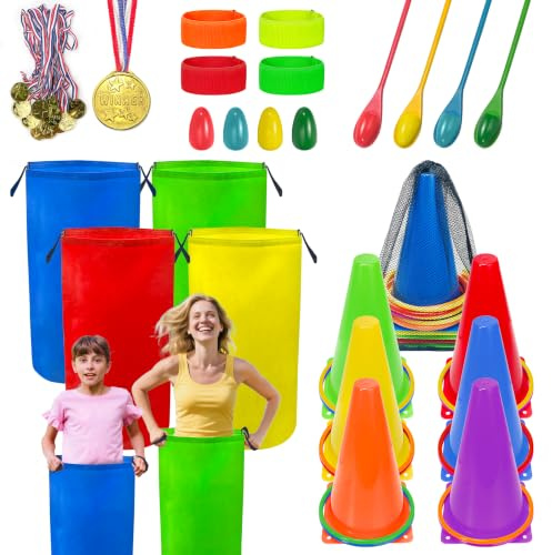 LINAYE Outdoor Spiele für Kinder Kindergeburtstag, Spiele für Draußen - Sackhüpfen Säcke, Eierlauf Spiel, Ringwurfspiel, 3-Bein-Rennbänder Outdoorspiele Gartenspiele für Kinder ab 4 5 6 Jahre