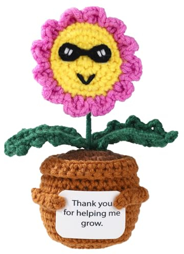 TOYMIS Crochet Daisy, Handmade Knitted Positive Support Daisy with Thanks Card Encouragement Crochet Flower Pot Doll for Thanksgiving Mother Teacher Desktop Decor