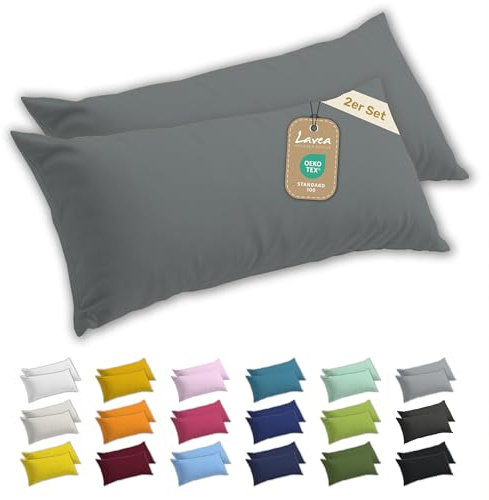 Lavea® 2er Set Seitenschläferkissen-Bezug 40x145 - Mittelgrau | 100% Baumwolle Jersey – Weiche Kissenhülle & Kopfkissenbezüge, OEKO-TEX® Standard