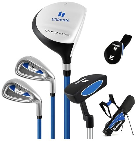 GYMAX Set Completo di Mazze da Golf per Bambini, Include 205CC #3 Fairway, Ferri #7 & #9, Putter, Copritesta, Sacca da Golf Portatile con Cappuccio Antipioggia, per Ragazzi 8-10/11-13 Anni (Blu)