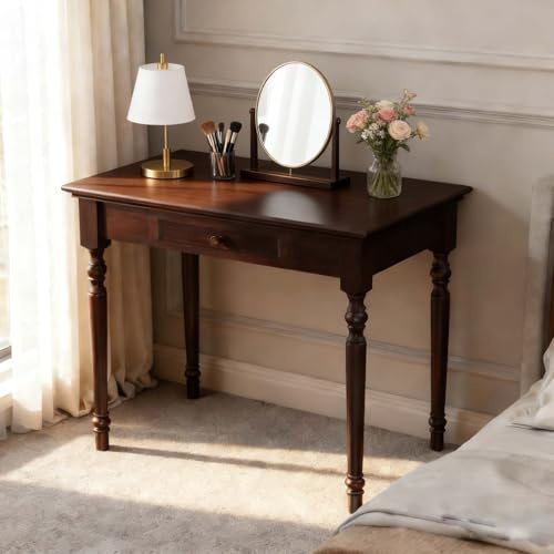 Conabaen Walnut Writing Desks with Drawers, 35 Solid Wood French Country Style Computer Desk for Home Office, Living Room Study or Workspace
