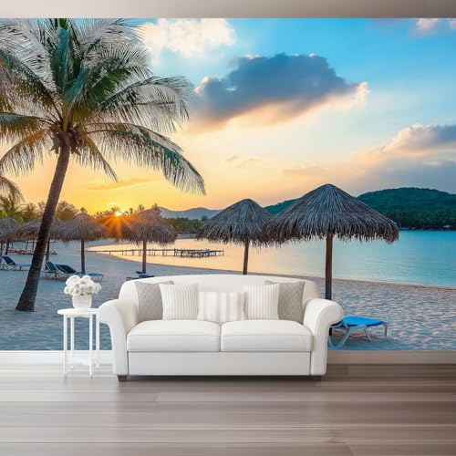 Papel tapiz fotográfico 250 x 175 cm Revestimiento de paredes decoración de salón Diseño Playa Moderna Puesta De Sol para dormitorio, sala de estar, papel tapiz no tejido, decoración de pared, Azul