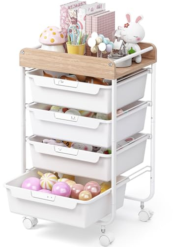 SYKIARIOL 4-Drawer Storage Trolley Rolling Cart, White | Mobile Rolling Cart, with Handles, Multipurpose, for Office/School/Bedroom/Craft Room