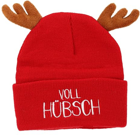 MC-Trend Wintermütze Damen & Herren – Lustige Weihnachts Beanie rot mit Rentiergeweih – Sprüche FROSTBEULE, VOLL HÜBSCH & Team GLÜHWEIN – warme Unisex Mütze Winter, Weihnachtsmarkt