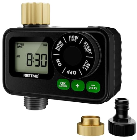 RESTMO 1-Zonen RF-Bewässerungscomputer, Bewässerungstimer mit Fernzugriff | automatisch/manuell/Regenverzögerung, für Gartenschlauch & Außenwasserhahn, Rasenbewässerung