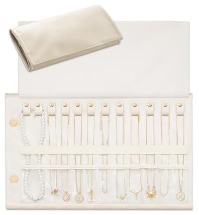 Lolalet Travel Necklace Organiser, Tangle-Free Necklace Case for Travel, Leather Foldable Roll Up Jewellery Storage Bag for Necklaces Chains Bracelets -Cream White, 12 Slots Holder