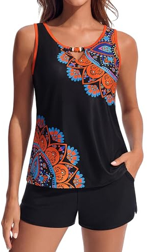 Hanna Nikole Tankini 2 pièces pour femme - Maillot de bain modeste - Col en V - Avec poches - Short de bain sportif - 2 pièces