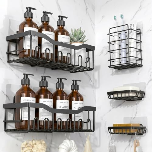 Camkum Duschablage Ohne Bohren, 5 Stück Duschregal Badezimmer Organizer | Badregal Shampoo Halterung für Dusche, Schwarz Duschkorb Regal, Rostfreie, Kohlenstoffstahl