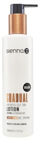 Sienna X Untinted Gradual Self Tan Lotion 200ml. For A Natural, Glowing, Streak Free. Vegan Moisturiser With Anti-Cellulite Formula. Quick Drying And Non Sticky Tan with Coconut Scent.