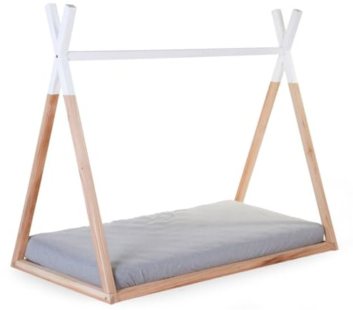 Childhome Kinderbett Tipi Hütte aus Buchenholz, robuste Struktur aus Holz; einfach zu montieren; Einzelbett; 70 x 140 cm; Farbe: Natur; Weiß
