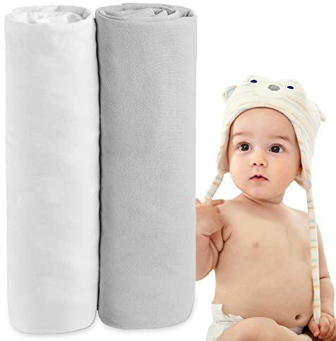 Dreamzie Juego de 2 Sabanas Cuna 60x120 Algodon Ajustables - Oeko Tex Certificado - Blanco Y Gris - Sabana Bajera Cuna 60x120 Algodon 100% Jersey