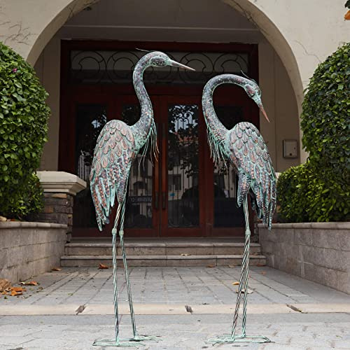 Kircust Garden Crane Statues, Standing Metal Patina Heron Decoy Outdoor Statue Large Size Bird Yard Art for Patio Lawn Pond, Set of 2 | Standing Patina Decoy, Weather-Resistant and Rustless, Bird Yard Art for Patio Lawn Pond