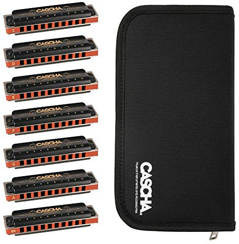 CASCHA Mundharmonika Pro Set 7 Tonarten C - D - E - F - G - A - Bb für Anfänger u. Fortgeschrittene I 10-Loch diatonische Harmonikas mit Reißverschlusstasche zur Aufbewahrung & Putztuch I HH 2224