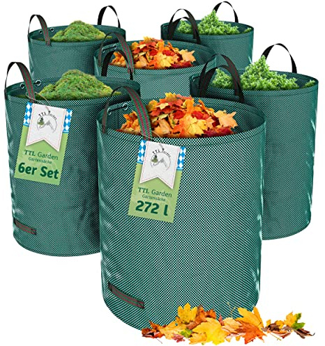 TTL GARDEN 6x 272L Gartensack - DOPPELTER BODEN 4 Griffe 150gsm robust | - 6er Set 272 Liter Garten Sack Laubsack Abfallsack für Gras Laub Hecke Gartenabfall extra stabil selbststehend groß, robust