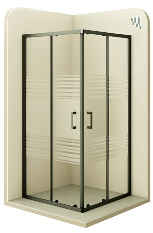 Mampara de Ducha Diana 80x80x180cm, REVERSIBLE, Puertas Correderas, Ajuste 77.5-79.5x77.5-79.5cm, Perfiles Negros, Cristal Templado Parcialmente Satinado 6mm