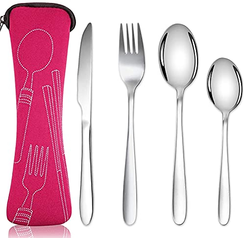 Acehome Cutlery Set with Portable Pouch Case, Stainless Steel Flatware Camping Utensil Set with Neoprene Bag for Outdoor Travel Picnic Office School Lunch Box (4 Pcs Rose Red)