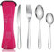 Acehome Cutlery Set with Portable Pouch Case, Stainless Steel Flatware Camping Utensil Set with Neoprene Bag for Outdoor Travel Picnic Office School Lunch Box (4 Pcs Rose Red)