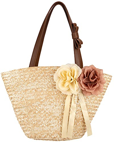 Jeesblsy Korbtasche Sommer Strandtasche Vintage Stroh Handtasche Handgewebt Böhmische Schultertaschen für Frauen Reisen Urlaub
