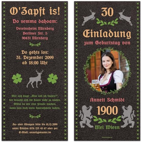 Kartenmachen.de Personalisierte Foto Geburtstag Einladungskarten Bayrisch Oktoberfest Motiv ab 10-100 Stück selbst gestalten DIN Lang mit Foto individuelle Einladungen - Mei Wiesn Dahoam