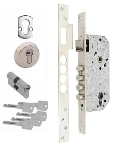 cerradura embutir de seguridad 4 bulones entrada de 50mm distancia entre ejes 85mm, cantos rectos, bombillo con 5 llaves de seguridad incluido (NIQUEL SATINADO)