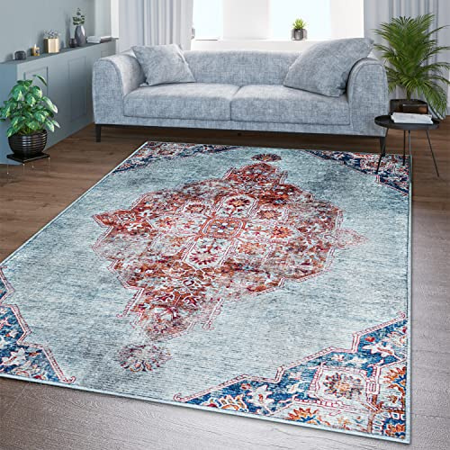 TT Home Wohnzimmer Teppich Flachgewebe Marokkanisch Design Used Look Ornamente Waschbar, Farbe:Türkis, Größe:140x200 cm