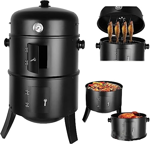 Räucherofen, Smoker, Räuchertonne, Ø44,5 * 80 cm, inkl. Wasserschale, 2 Grillrost（φ 37,5 cm）, Regulierbar Luftabzug und Thermometer, 3-in-1Holzkohlegrill,für Räuchern, Grillen & Garen