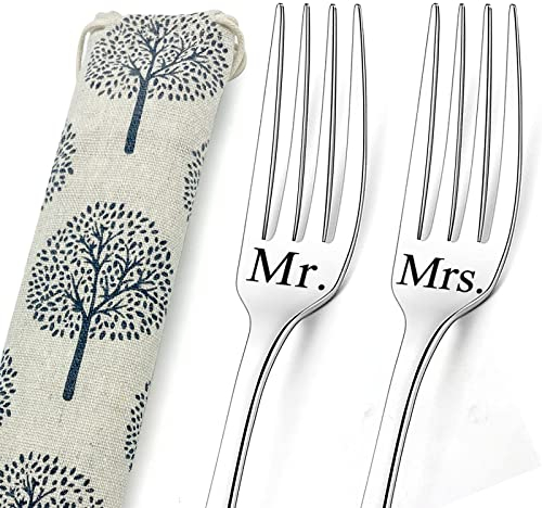 Fourchettes Gravées Mrs&Mr, 2Pcs Lettre Mr Mrs Fourchettes de Mariage Fourchettes de Table Inox Cadeau Mr and Mrs Avec Sac Cadeaux de Mariage pour Couple, Petit Ami, Petite Amie Cadeau Saint Valentin