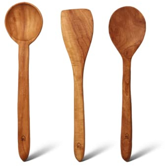 Vesta Homes Lot de 3 cuillères en bois de margousier compactes, spatule/louche pour la cuisine Dosa, Roti, Chapati, soupe et légumes | Ustensiles de cuisine en bois de qualité supérieure | Sans