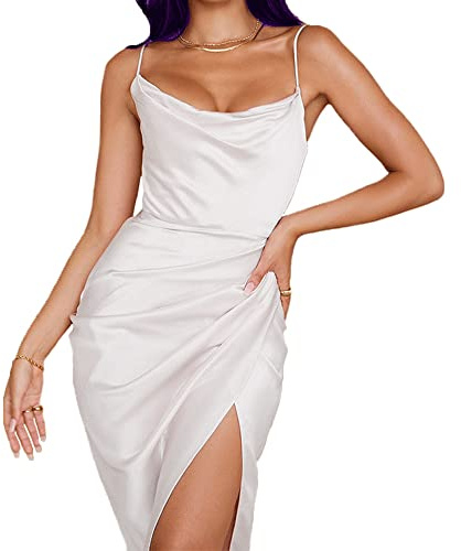 KBRPEY Donne Abito Sexy Elegante Senza Maniche Spaghetti Strap Aderente Vestito con Spacco da Cocktail Spiaggia Randello Sera Casual Estivi (Bianco M)