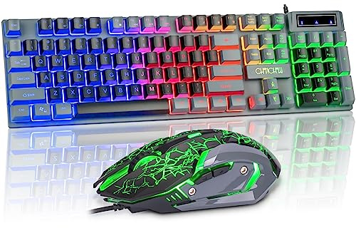CHONCHOW Gaming Keyboard and Mouse Combo,1912 Black & Grey | LED Backlit, 104 Keys Full Size, USB Wired Mechanical Feel, 3600 DPI Gaming Mic, Windows PC Mac Xbox Compatible