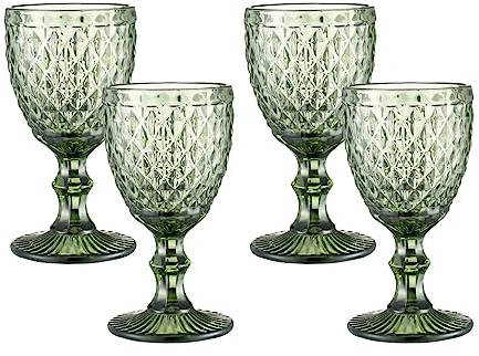 HIUHIU Set di 4 Bicchieri da Vino Vintage, 8 oz Calici da Vino Colorati in Vetro con Gambo per Bere Acqua con Motivo in Rilievo per Matrimonio/Party/Bar,Verde,Diamonds