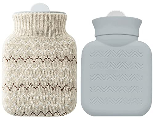 300ml Hot Water Bottle Small and Reusable Hot Water Bottle with Knitted Cover Microwave Heating and Refrigerator Freezing Available Mini Portable Hot Water Bottles for Women Hand Warmers Gray