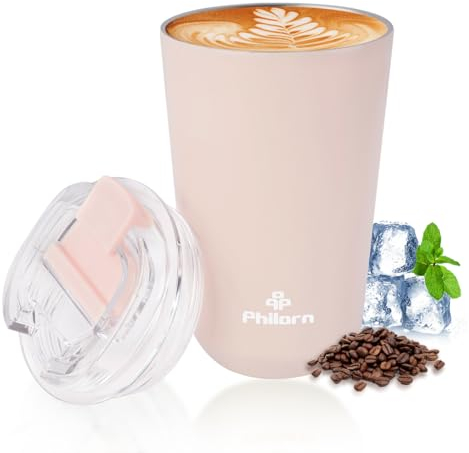 PHILORN Tazza Termica Caffè da Viaggio Piccola, 380ml Tazza da Caffè Isolata in Acciaio Inox, Tazza Termica da Viaggio con Coperchio a Tenuta Stagna (Rosa)