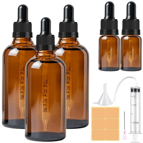 CoKeeSun 3 Stück 100ml Glasflasche mit Pipette, Wiederverwendbar Pipettenflasche, 2 Stück 10ml Braunglasflasche Apothekerflasche mit Trichter, Spritze, Etikett für Ätherische Öle