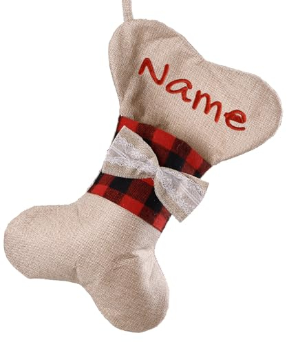 witfox Nikolausstrumpf personalisiert mit Namen Hund- nikolausstiefel zum befüllen personalisiert aus Leinen Knochen Design, Personalisierte Weihnachtsdeko Geschenk für Hunde-Knochen 2
