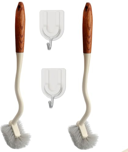 Lot de 2 brosses de toilette à long manche en bois, brosse de toilette incurvée pour un nettoyage en profondeur