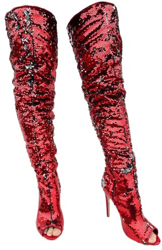 Frankie Hsu Sexy Unisex Stiletto Sopra il Ginocchio Coscia Alto Stivali Lunghi, Rosso Argento Paillettes Glitter Spark Carino Fashion Club Style, Grandi Dimensioni Punk Tacco Scarpe Per Donne Uomini,