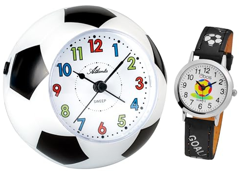 Atlanta Kinderwecker ohne Ticken Fußball WM + Kinderarmbanduhr - 1199 KAU (Schwarze Armbanduhr)
