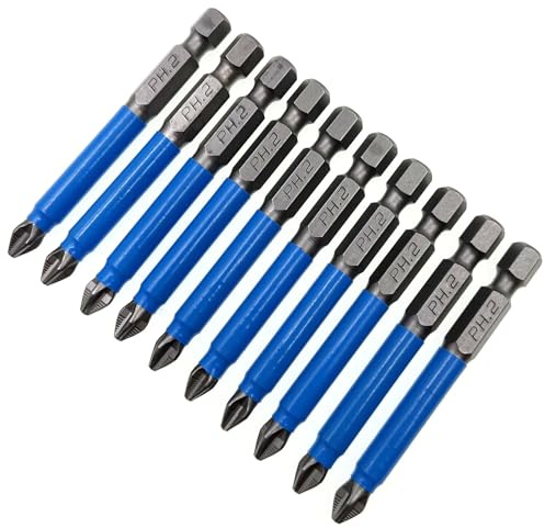 XMHF Lot de 10 embouts de tournevis cruciformes PH2 courts antidérapants avec tige hexagonale 6,35 mm de long 65 mm de long en acier S2 avec pointe magnétique pour tournevis électrique, perceuse,