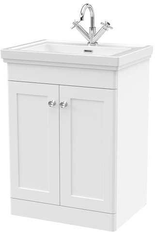 Balterley Vanity Unit with Basin Floor Standing, Soft Close 2 Door with Handles & Rectangular Sink, Bathroom Vanity Units with Basin, Traditional Sink Cabinet - 630 x 471 x 865mm (White)