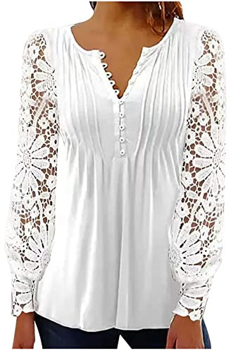 TsaChick Longbluse Damen, Spitze Hemd V-Ausschnitt Elegante Oberteile Party Mollig Slim Fit Solide Langarm Activewear-T-Shirts Knopfleiste LTM33