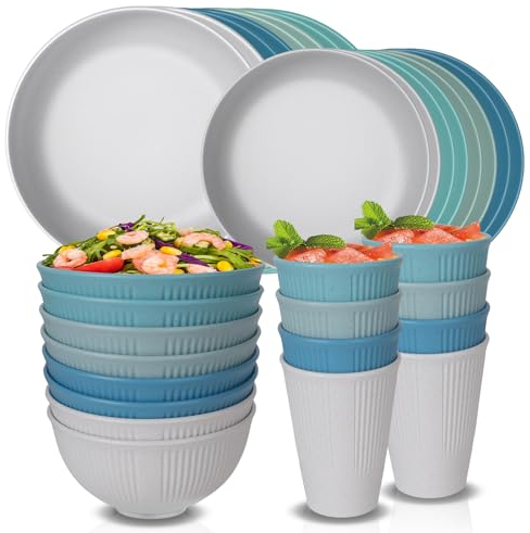 Unbreakable Dinnerware Sets for 8 Peple, Plastic Plates and Bowls Set Reusable Tableware Set, Microwave Dishwasher Safe Dinner Set for Camping Picnic Home Party 16pcs Plates, 8pcs Bowls, 8pcs Cups